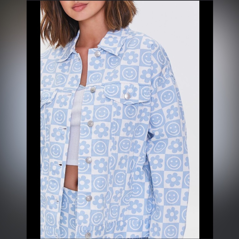 F21 Denim Smiley Flower Checkered Jacket